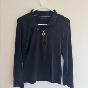 Tommy Hilfiger Black Long Sleeve Polo with Gold Half Zip